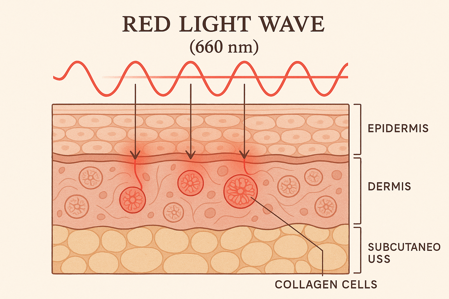 Elegant graphic showing red light wave (660nm) interacting with skin surface and stimulating collagen cells