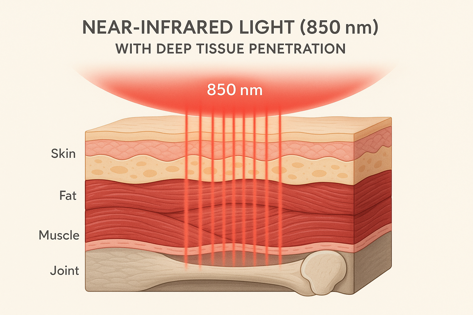 Scientific illustration of 850nm near-infrared light with deep tissue penetration to muscle and joints