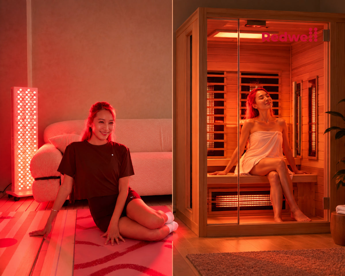 Editorial comparison of a red light panel and a premium infrared sauna environment