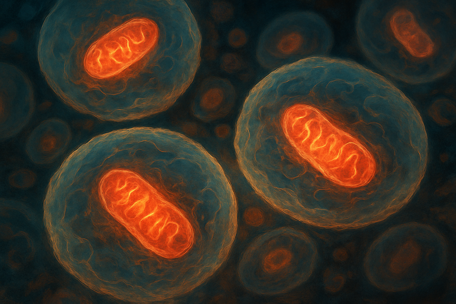 Abstract microscopic view of cells with glowing mitochondria