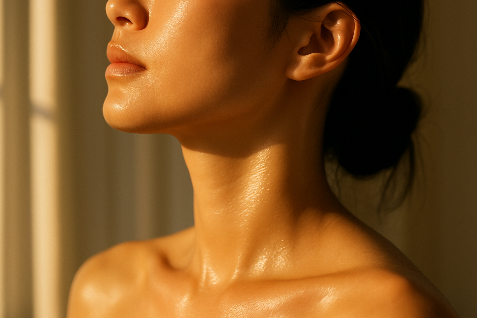 Artistic close-up of radiant skin in golden hour light