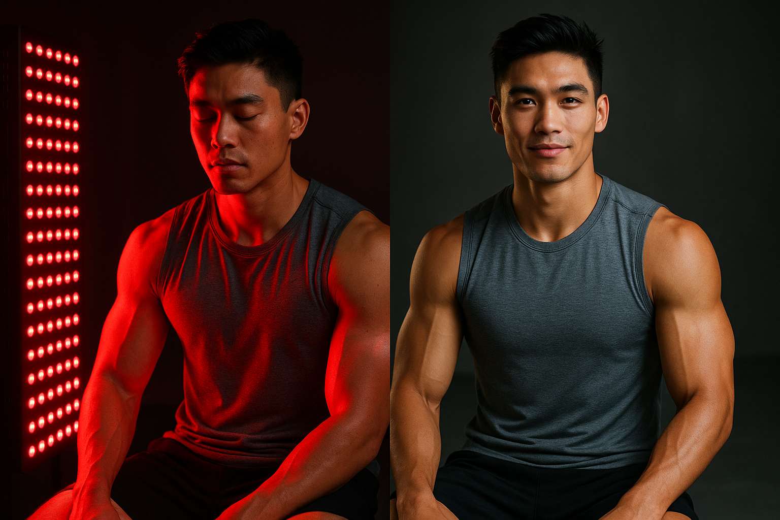 Before and after showing red light therapy on athlete, recovery results on right