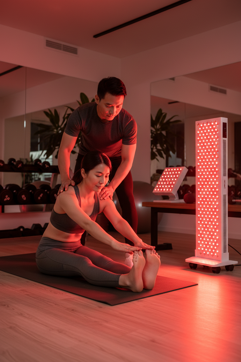 Couple stretching, GlowPro on floor