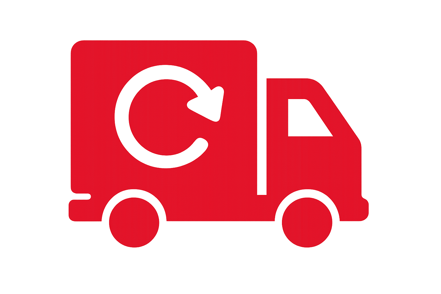 Delivery truck with circular return arrow in correct brand red with transparent background