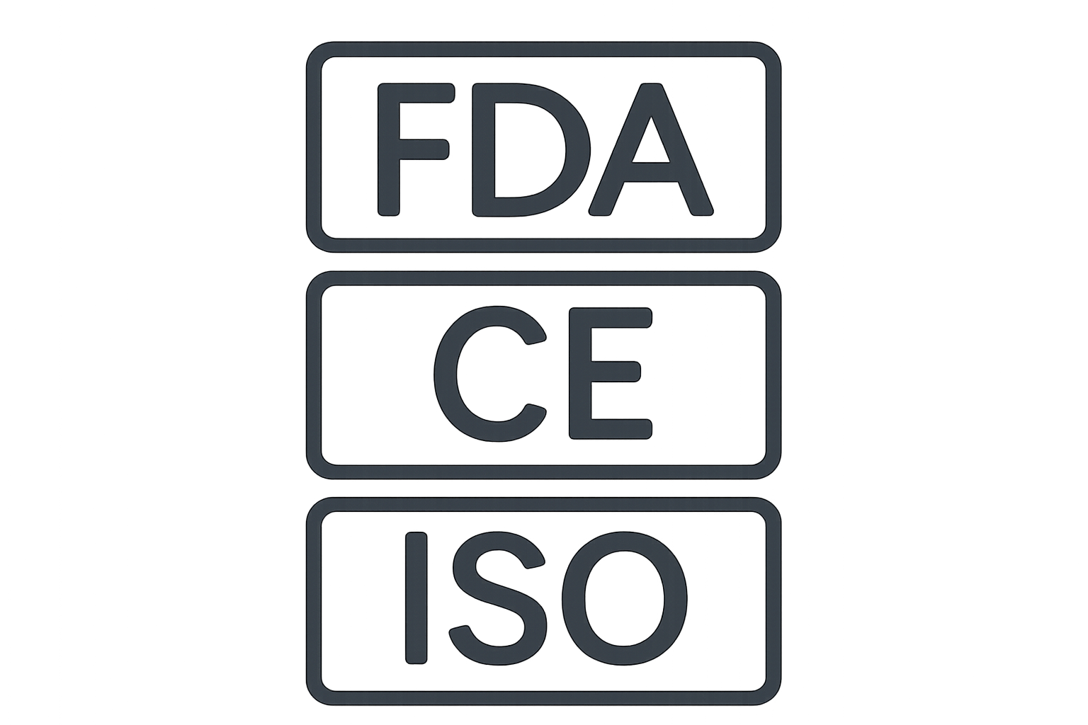 FDA, CE, and ISO in rectangular badges arranged vertically