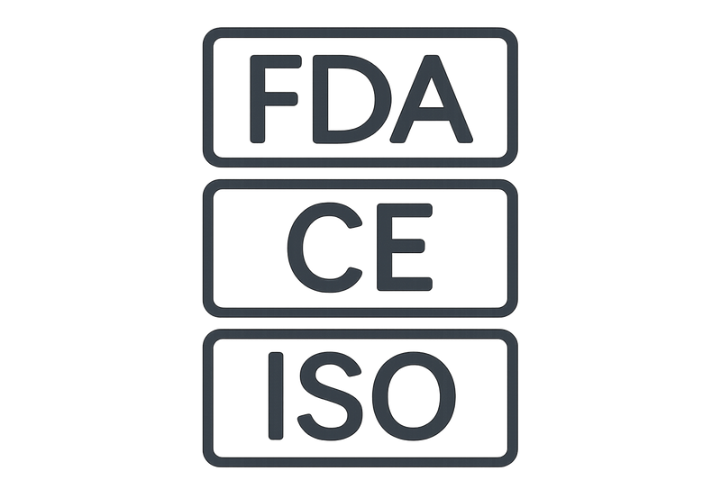 FDA, CE, and ISO in rectangular badges arranged vertically