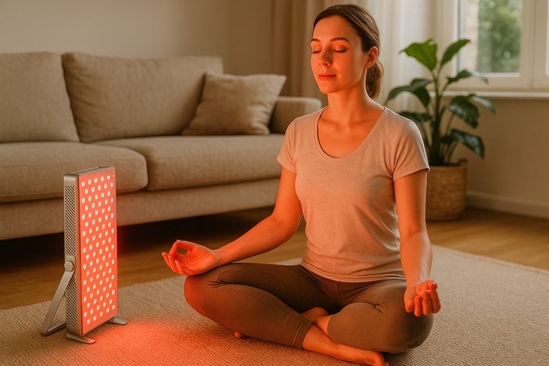 Person meditating with silver panel