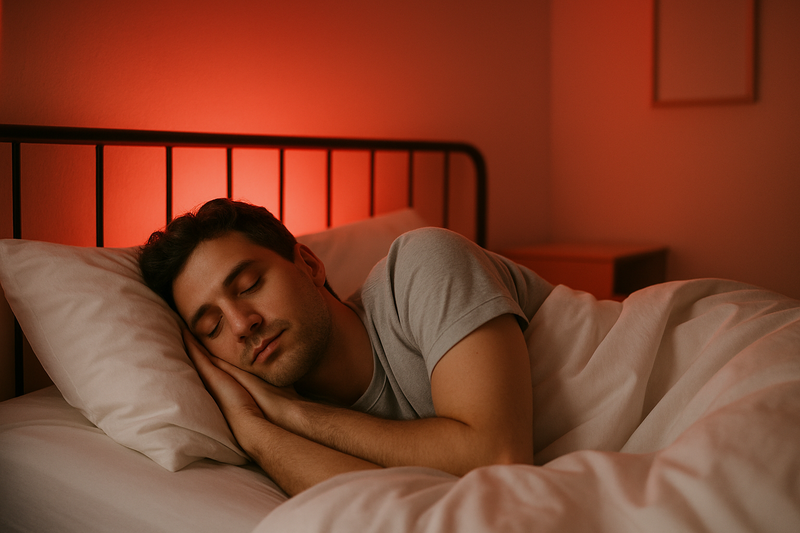 Person sleeping with red light ambiance