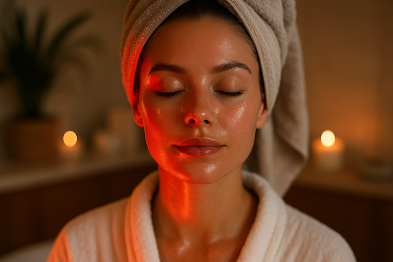Person with red light glow on face