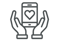 Protective hands surrounding device or heart symbol representing lifetime care in charcoal grey