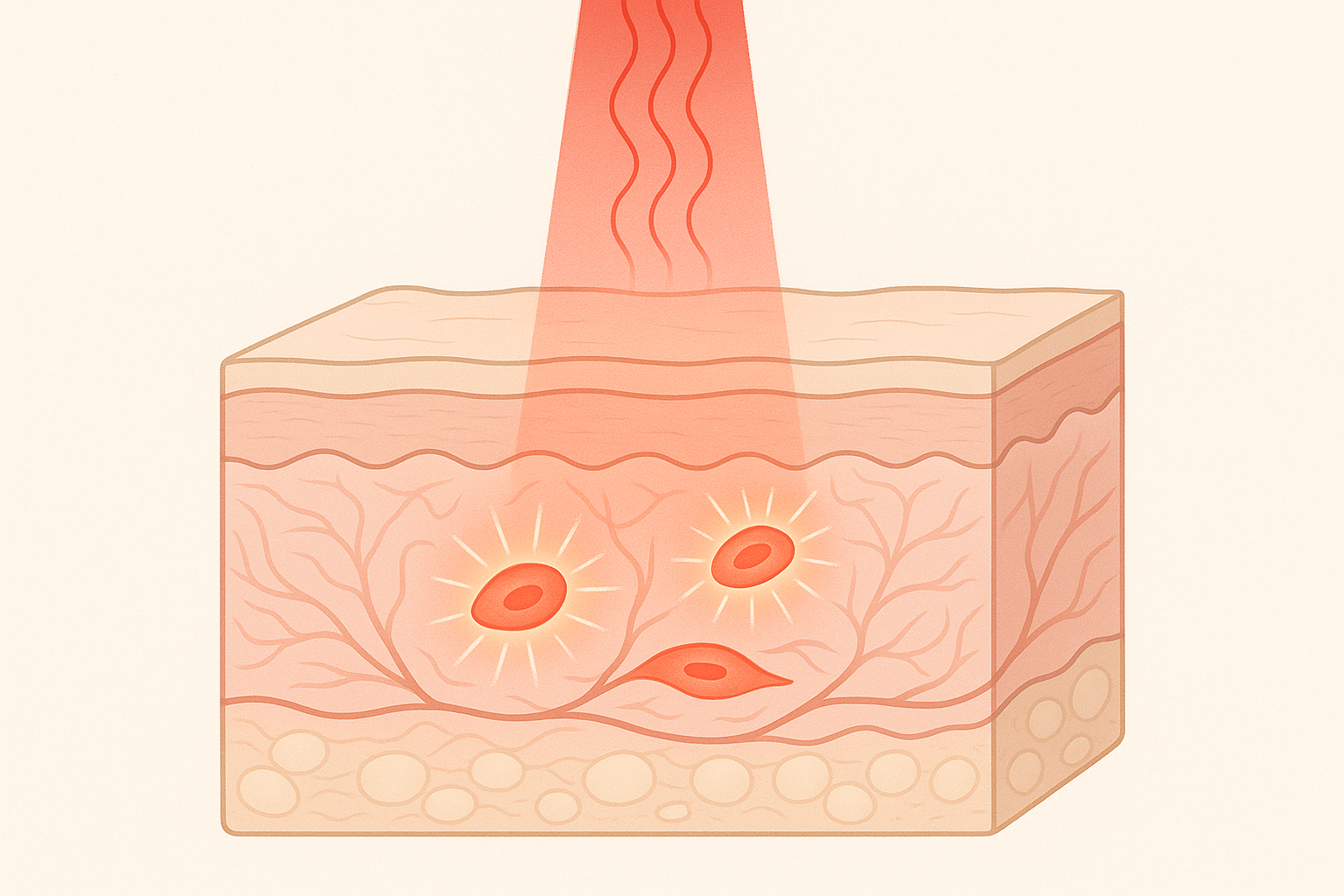 Simple elegant graphic showing red light penetrating skin to stimulate collagen cells