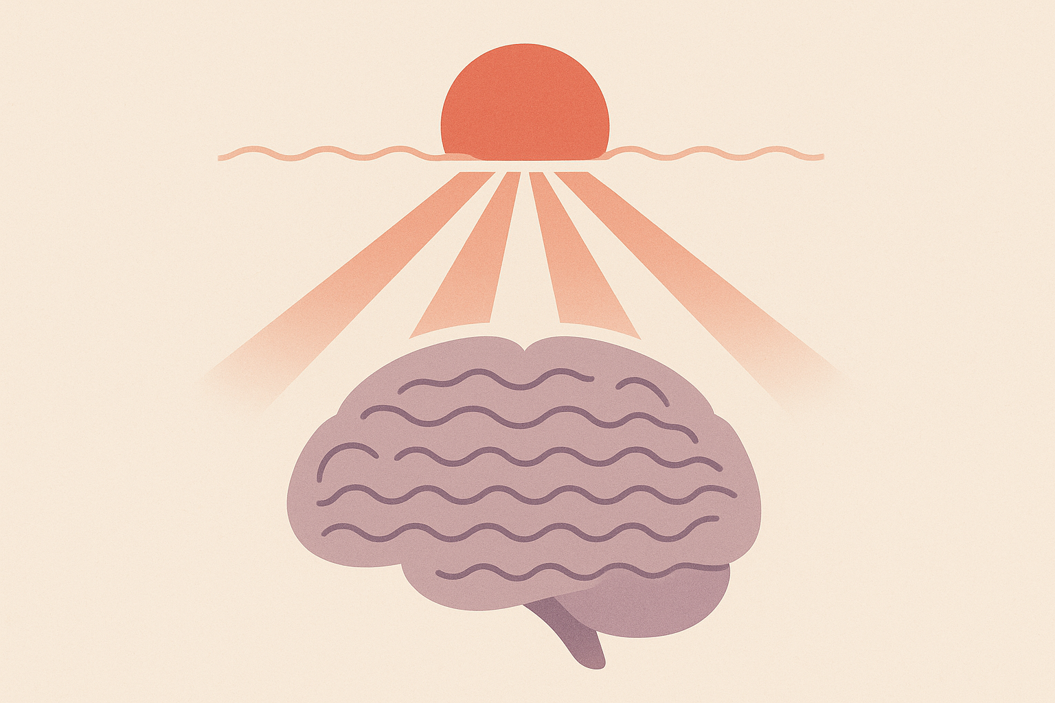 Sunset with red beams and brain showing peaceful wave patterns