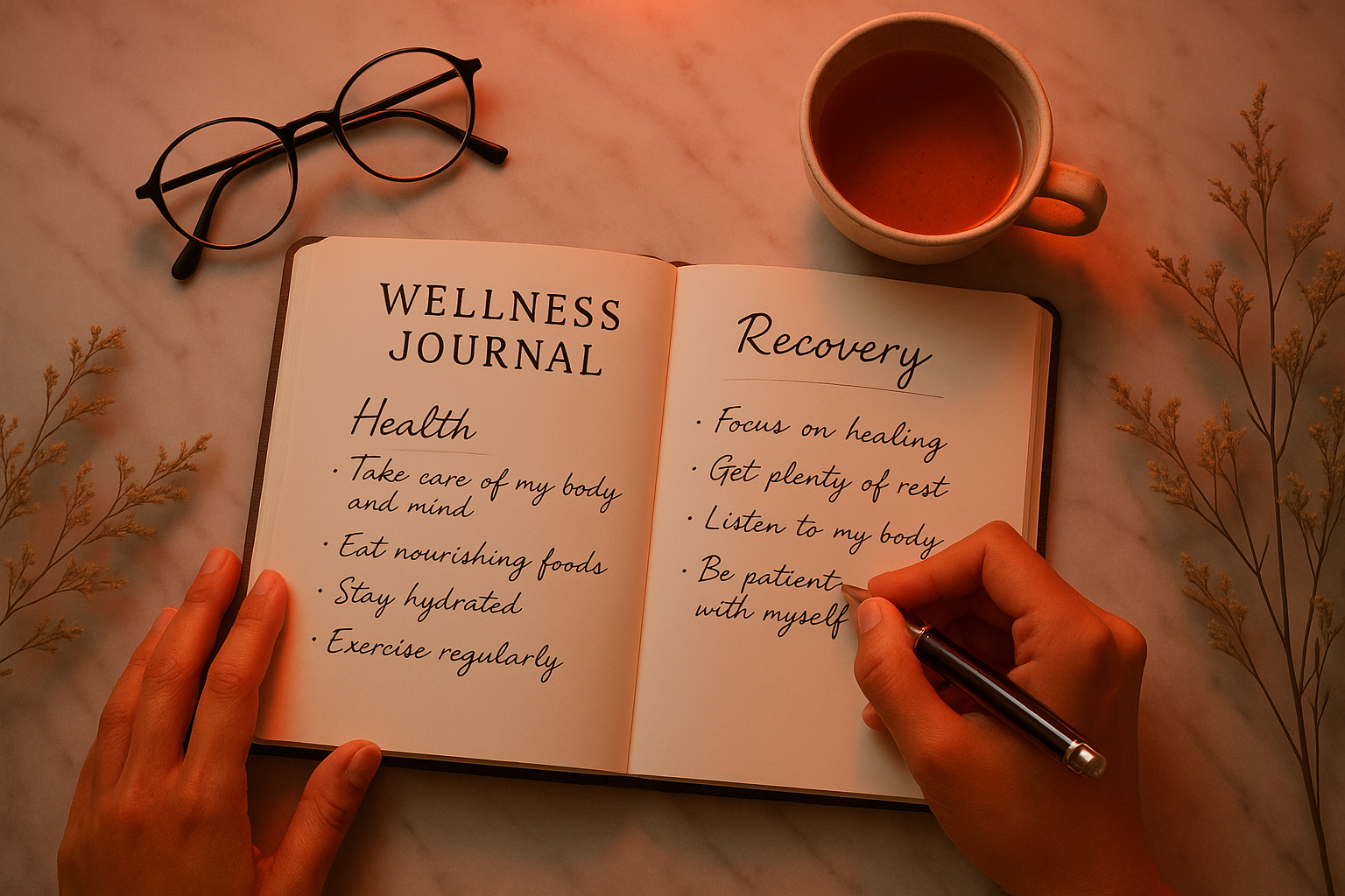 Wellness journal flat lay with red therapeutic lighting